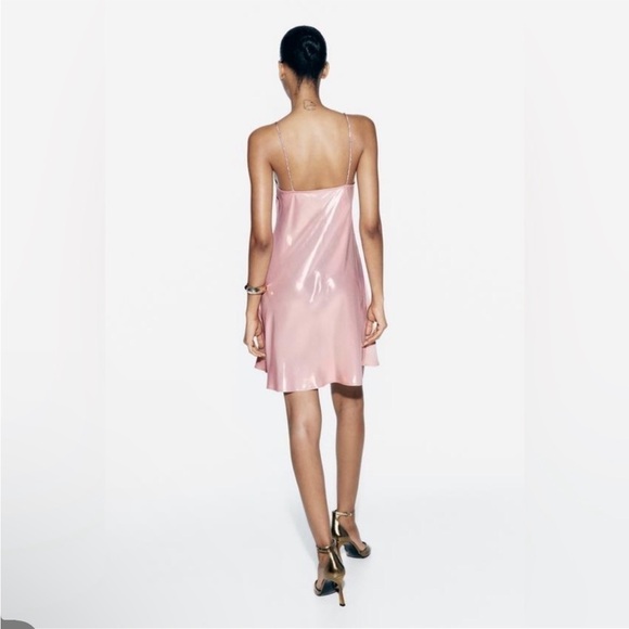 ZARA Rhinestone Foil Mini Dress Pink Rose Gold Metallic - Picture 3 of 5